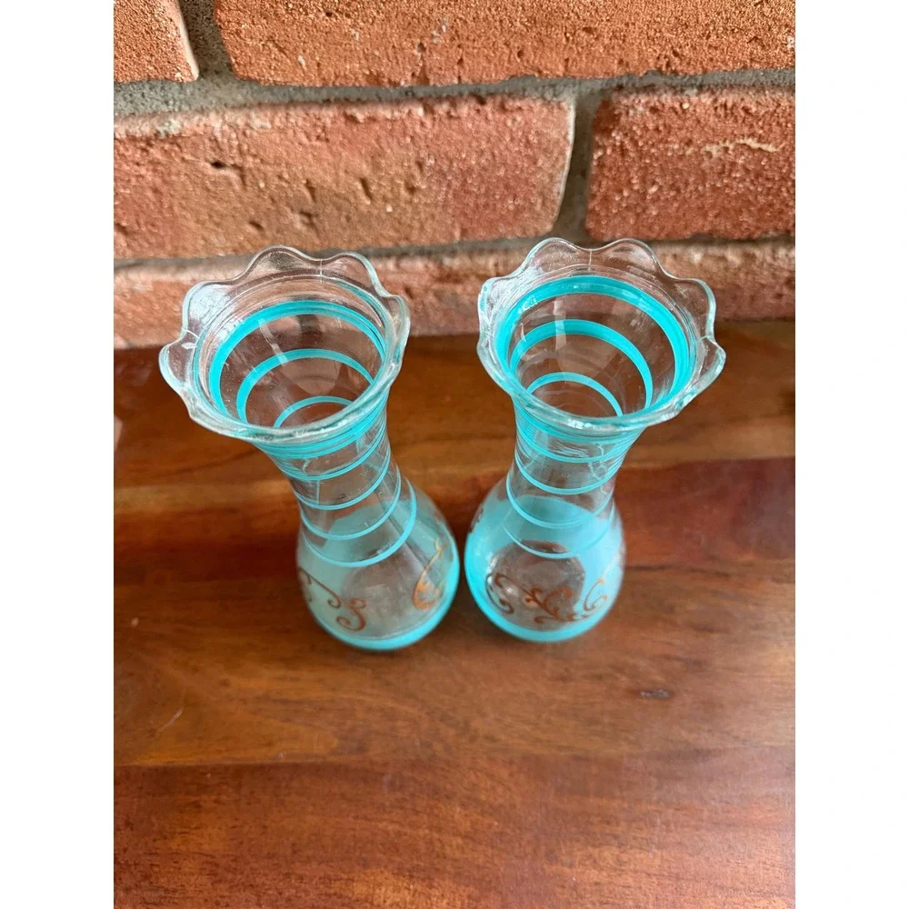 Vintage Midcentury Art Glass Vases – Aqua Spiral Swirl, Gold Scroll Accents